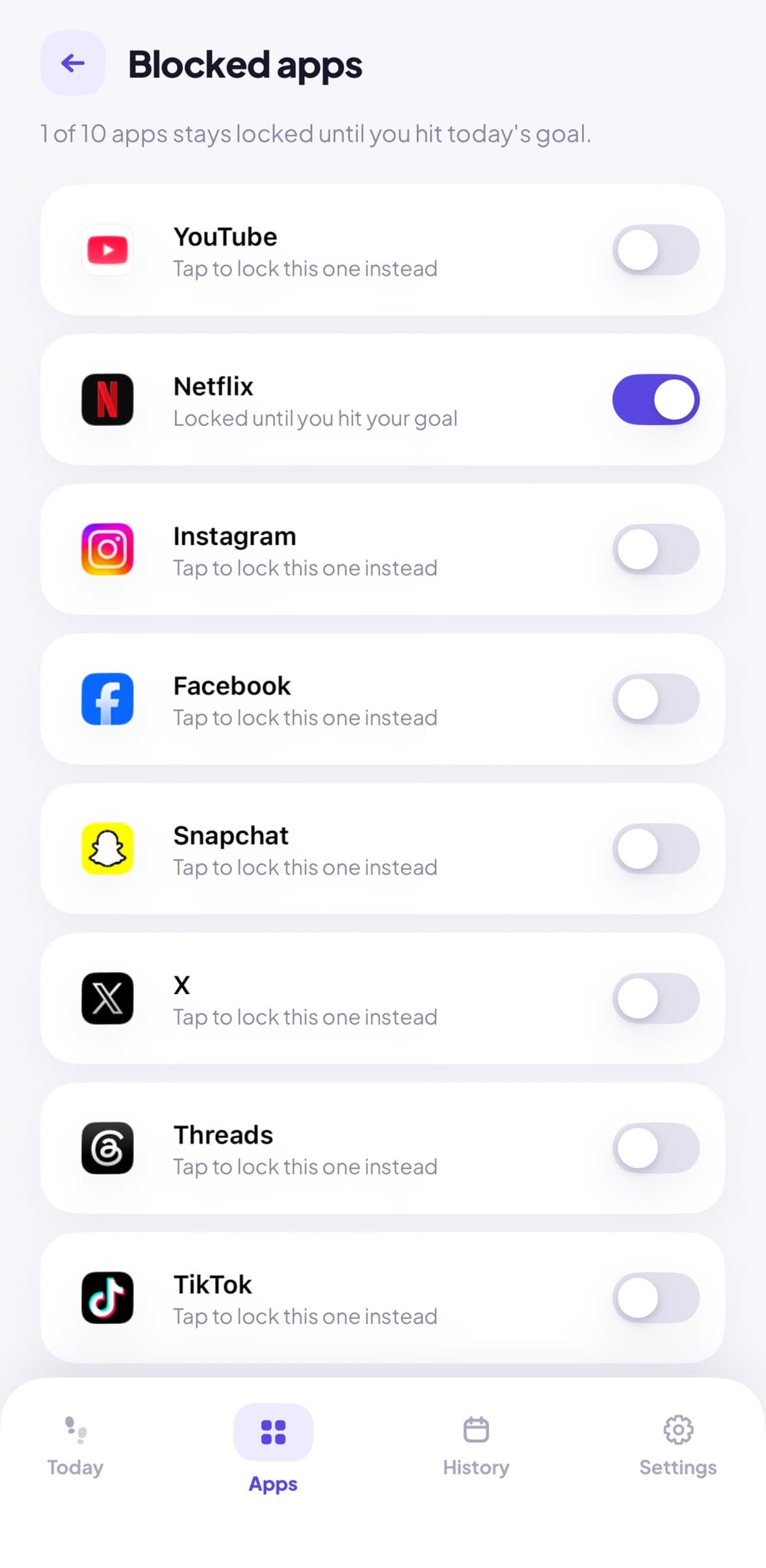 Blocked apps screen with Netflix locked until the step goal is hit