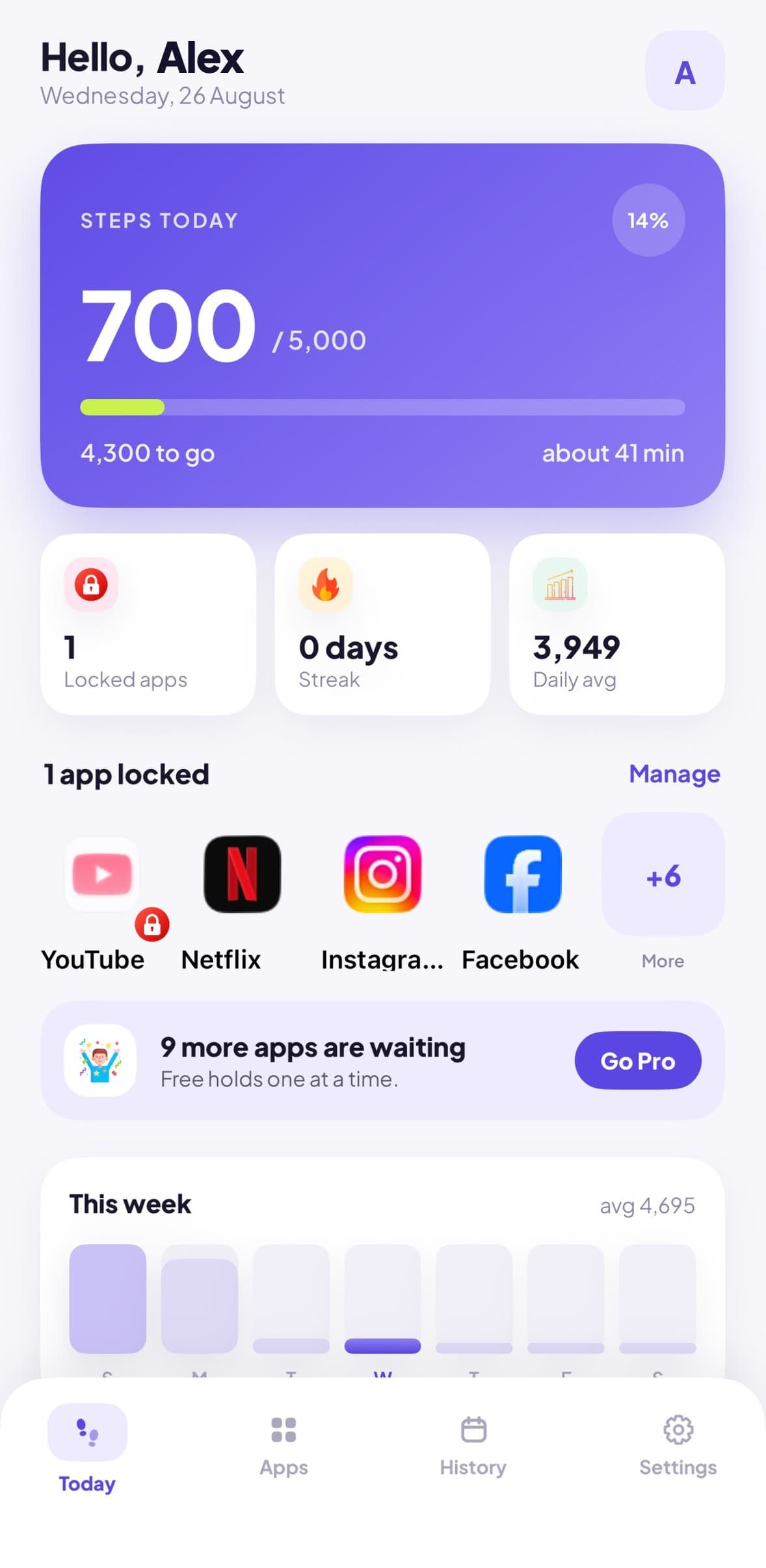 Big Stepper Today screen showing 700 of 5,000 steps and YouTube locked